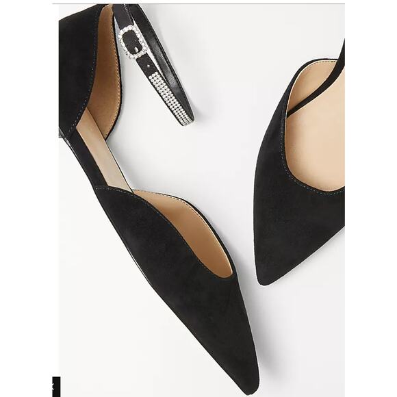 NWOB Ann Taylor Black Suede Flats Crystal Ankle Strap Size 5.5 - Picture 4 of 6